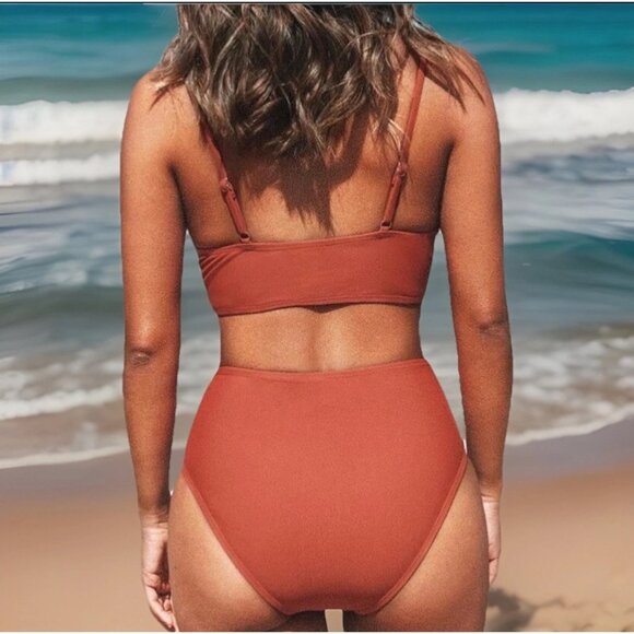 Cupshe Women’s Brick Red V-Neck Twist Front Bikini Set High Waist Cheeky Small - Picture 2 of 9